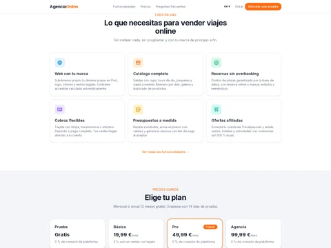 Funcionalidades de AgenciaOnline: web con tu marca, catálogo, reservas y cobros